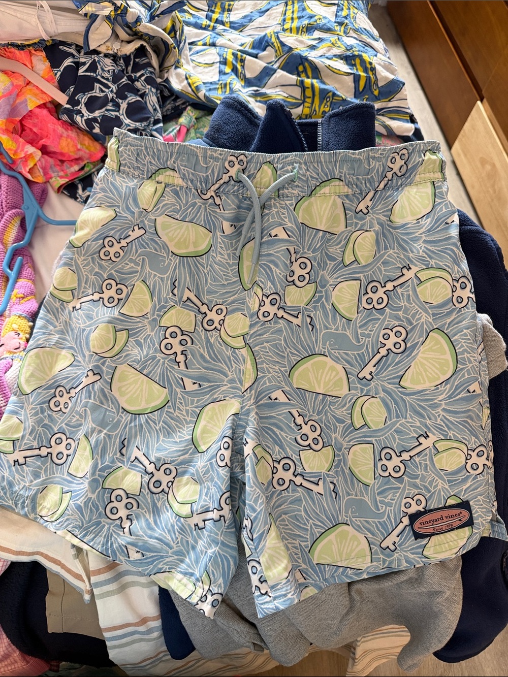 Vineyard Vines Light Blue Lime & Key Print Kids Swim Shorts